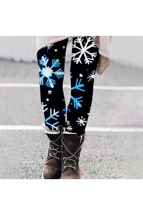 Womens Christmas Snowflake Print Leggings - Multicolor - Stretchy Polyester Spandex, Elastic Waist, Festive Winter Holiday Comfort,Size L