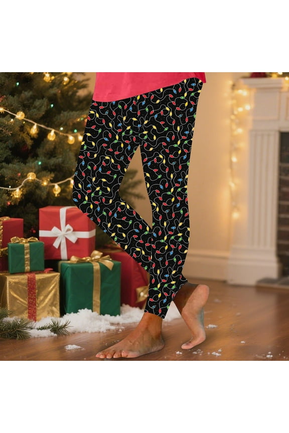 Womens Christmas String Lights Print Skinny Leggings - Black Base - Soft Stretchy 95% Polyester 5% Spandex, Festive for Holiday Parties & Loungewear,Size 2XL