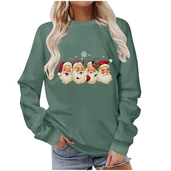 SYMOID Womens Christmas Vintage Santa Sweatshirt - Green Cotton Crew Neck Loose Fit with Snowflake Print, S-XXL for Holiday Gatherings & Daily Wear,Size L