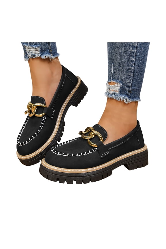 Womens Chunky Platform Loafers Black - Gold Chain Embellished Slip-on Flock Loafers, Non-Slip, Extended Sizes 36-43, Comfortable All-Day Wear for Office & Casual,Size 39