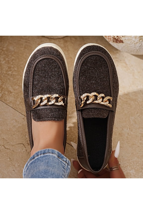 Womens Coffee Platform Loafers - Pu Faux Leather with Gold Metallic Chain, All-Day Comfort Cushioned Sole, Versatile for Daily & Office Wear,Size 36
