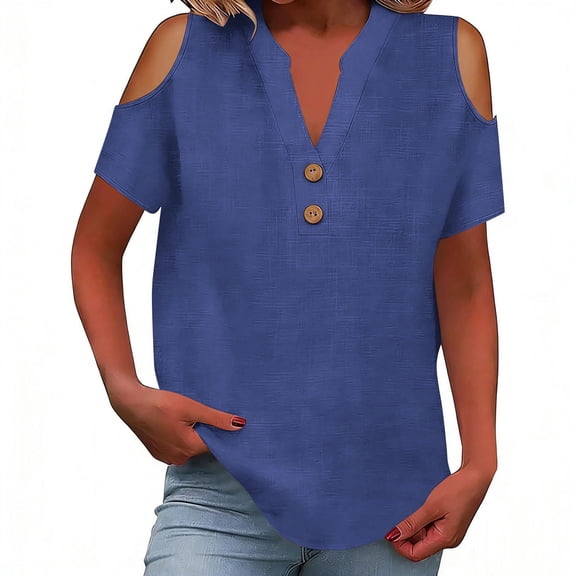 SYMOID Womens Cold Shoulder Top Linen Cotton Blend Breathable Summer Blouse Relaxed Fit V-Neck Button Detail Blue S-XXL,Size L