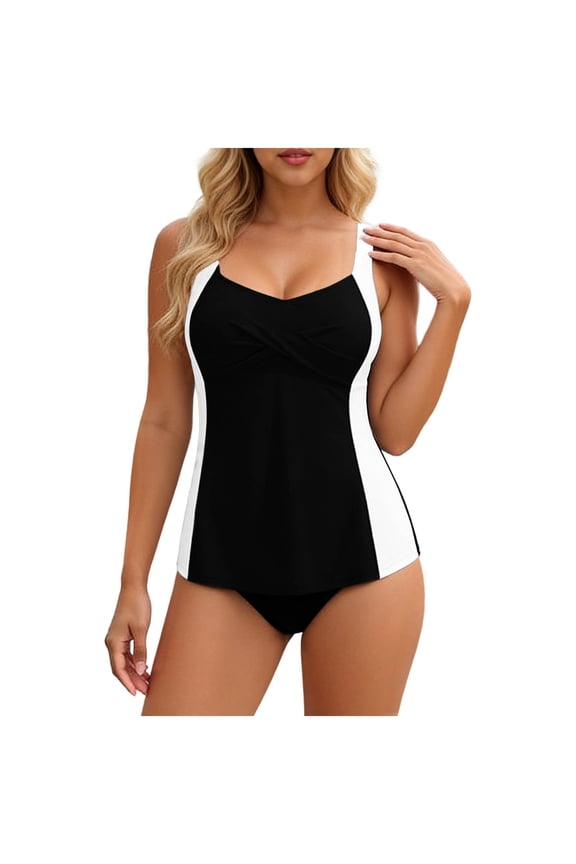Womens Color Block Twist Front Tankini Swimsuit with Tummy Control, Removable Padded Cups & Full Coverage Bottom (Black) S-XXL,Size L