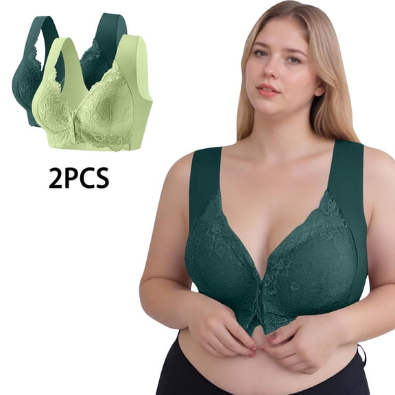SYMOID Womens Comfort Plus Size Bra - 2 Pack Front Closure, Full Coverage with Wide Straps, Lace Detail, Green, Size 4XL
