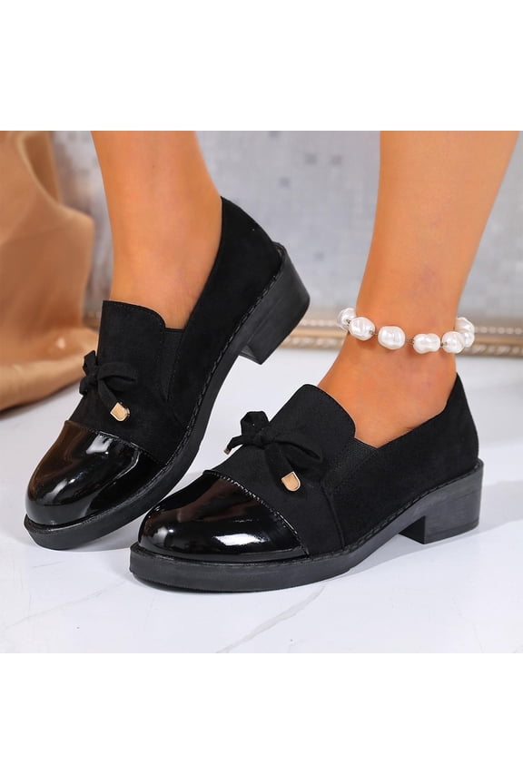 Womens Comfortable Low Block Heel Loafers - Patent Faux Leather Toe Flock Upper with Bowknot Ornament, Black, Office Casual Daily Commute Shoes for Ladies,Size 36