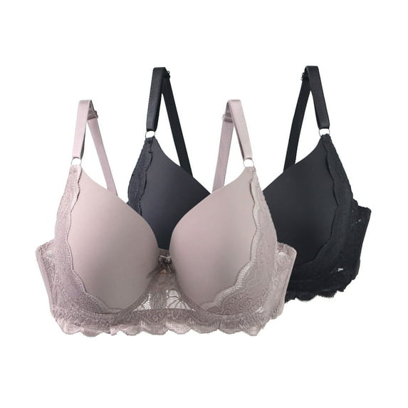 SYMOID Womens Comfortable Plus Size Bras 2-Pack, Wireless Full Figure with Molded Cups, Lace Trim, Adjustable Straps, Size 90C, Gray