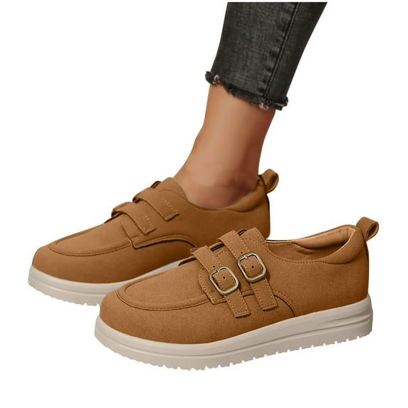 SYMOID Womens Comfortable Vintage Double Buckle Casual Shoes - Non-Slip Pu Walking Shoes for All-Day Wear, Brown, Wide Size 36-43,Size 39