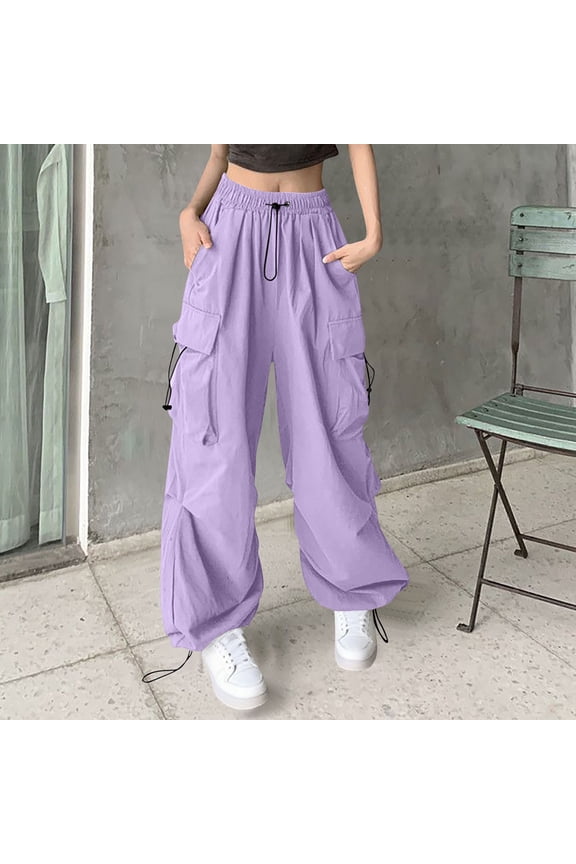 Womens Convertible Leg High-Waisted Cargo Pants - Stretchy Nylon Spandex, Functional Pockets, Elastic Waist - Purple,Size L