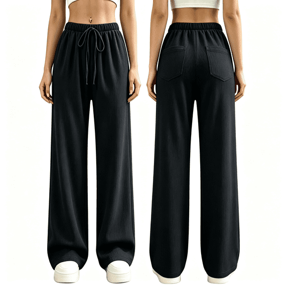 SYMOID Womens Corduroy Wide Leg Pants,High Waist Elastic Drawstring Lounge Trousers with Pockets,Black,Size L