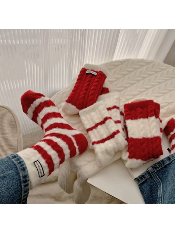 Womens Cotton Socks Cable Knit Christmas Crew Socks Red White Striped Fall Socks,6 Pairs
