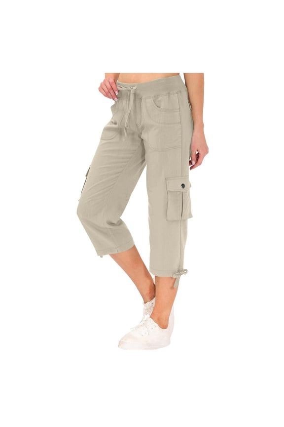 Womens Cotton Spandex Cargo Capri Pants with Multiple Pockets, Elastic Waist Drawstring, Adjustable Cuffs - Khaki,Size L