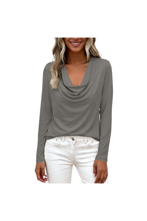 Womens Cowl Neck Long Sleeve Top, Drape Neck Shirt Soft Stretch Basic Everyday & Work Blouse, Gray,Size 2XL