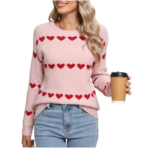 SYMOID Womens Cozy Heart Print Crew Neck Sweater - Long Sleeve 100% Polyester Pink, Casual Relaxed Fit for Fall Winter & Valentine’s Day,Size L