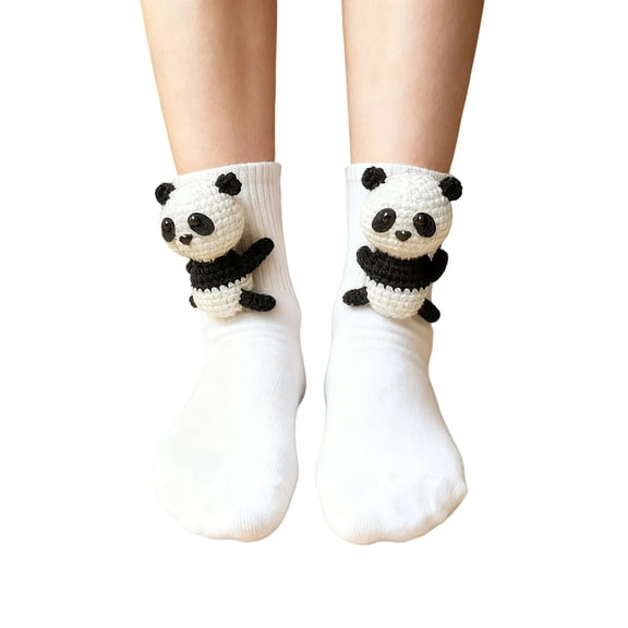 SYMOID Womens Cozy Socks with Novelty 3D Crochet Panda,Cotton Mid-Calf Crew Socks,Fall Socks for Women