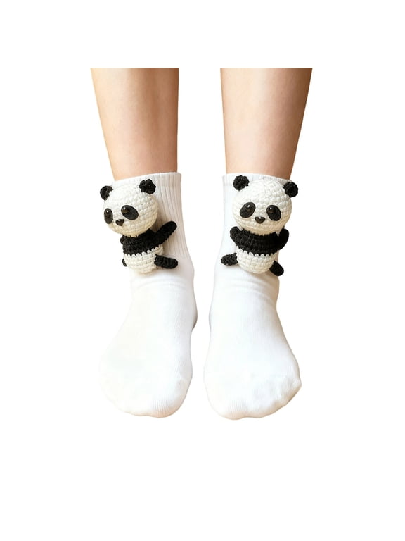 Womens Cozy Socks with Novelty 3D Crochet Panda,Cotton Mid-Calf Crew Socks,Fall Socks for Women