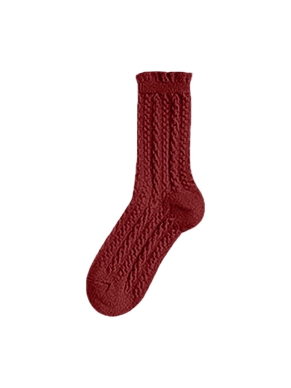 Womens Crew Socks Cable Knit Ruffle Trim Mid-Calf Fall Socks, Red,Warm Breathable Winter Socks