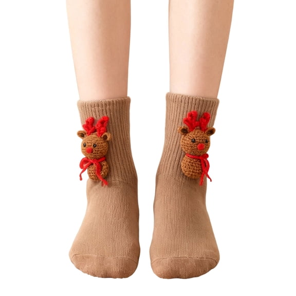 SYMOID Womens Crew Socks with 3D Crochet Reindeer,Christmas Novelty Cozy Socks,Cotton Socks for Women