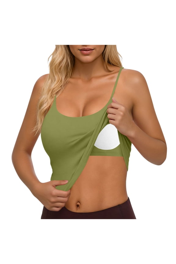 Womens Cropped Cami Tank Top with Built-in Shelf Bra - Army Green Spaghetti Strap Adjustable Padded,Size L