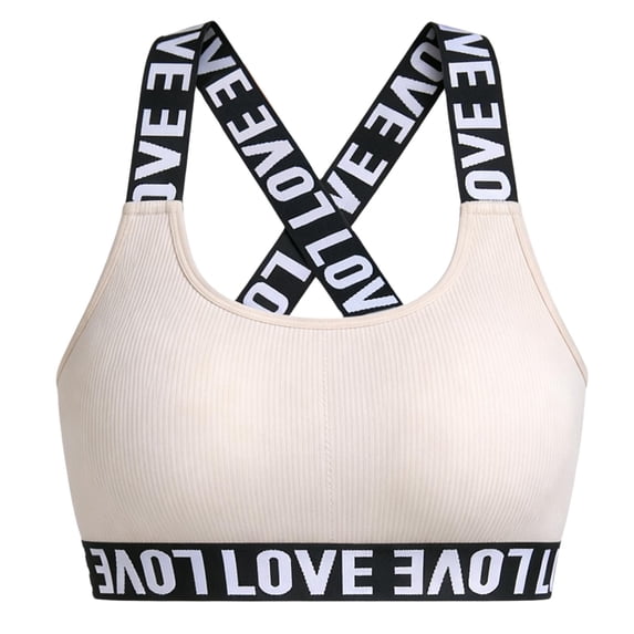 SYMOID Womens Cross Back Ribbed Sports Bra Medium Support Slogan I Love Nylon Spandex Yoga Workout Top Beige,Size L