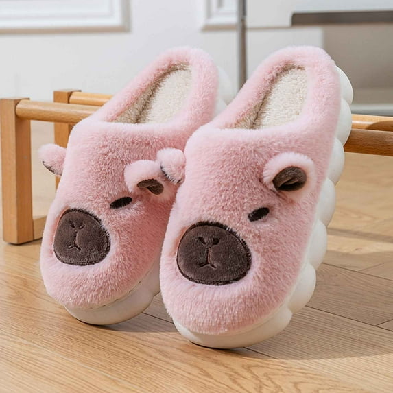 SYMOID Womens Cute Pink Bear Pl-Sh Slippers - Flock Fuzzy Fleece-Lined indoor Home Slippers with Thick Cushioned Sole, Warm Cozy Animal Slippers for Adult Females,Size 36