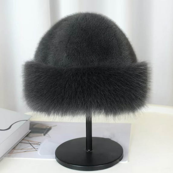 SYMOID Womens Dark Gray Faux Faux Fur Bucket Hat - Winter Warm Plush Hat, One Size Fits Most, Soft Polyester, Stylish Retro Casual Hat for Walmart Shoppers,Size Free Size