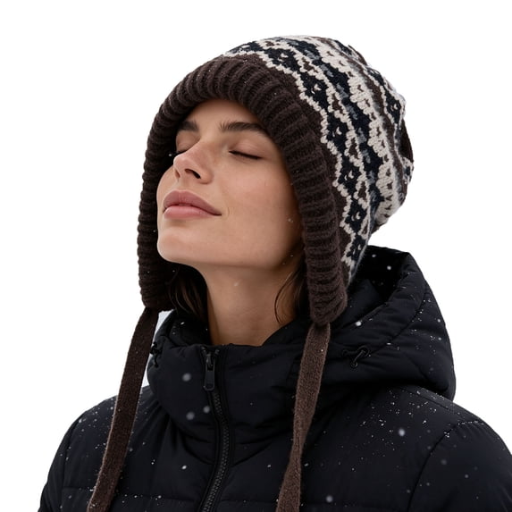 SYMOID Womens Earflap Knit Beanie Hat, Fair Isle Winter Cap with Tassels, One Size Brown Hats,Size Free Size