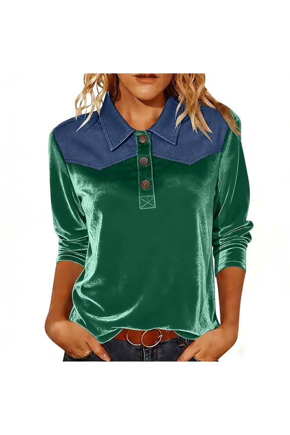 Womens Emerald Green Velour Shirt, Denim Yoke Western Polo Top Long Sleeve Button Down Collared Relaxed Fit Casual Tunic,Size 2XL