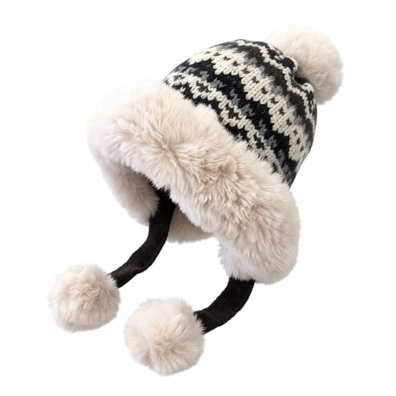 SYMOID Womens Fair Isle Knit Trapper Hat with Faux Faux Fur Trim, Black, One Size Hats,Size Free Size