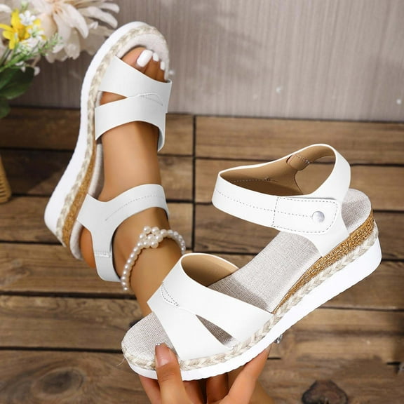 SYMOID Womens Fashion Casual Wedge Espadrilles Sandals with Adjustable Straps and Metal Ornament, 5.5cm Heel,White,Size 42