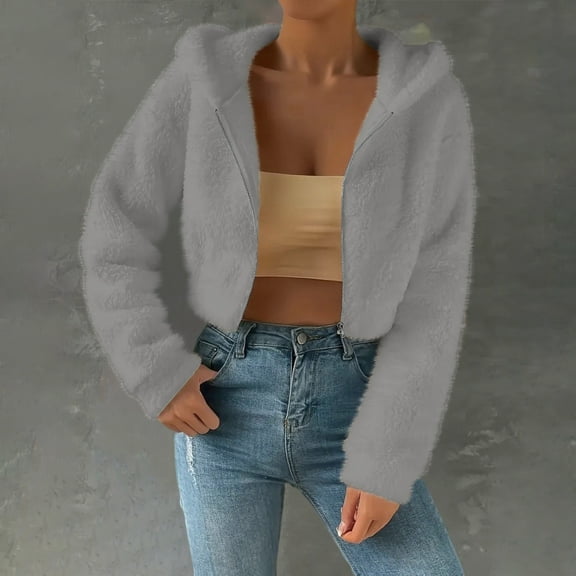 SYMOID Womens Faux Faux Fur Cropped Hooded Jacket - Full Zip, Soft Plush Gray Style, Size S-XXL, Ideal for Spring & Fall Casual Wear,Size 2XL