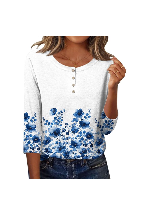Womens Floral 3/4 Sleeve Blouse Multicolor Round Neck Hi-Lo Hem Button Front Top Stretchy Casual Tunic Shirt Spring Tops,Size XL