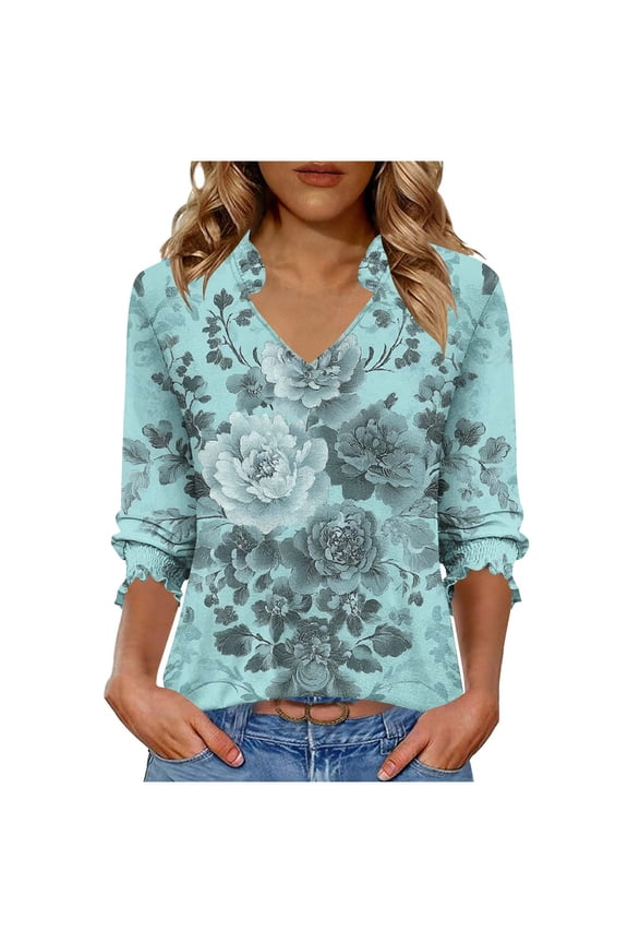 Womens Floral Blouse, 3/4 Sleeve V Neck Smocked Cuffs, Soft Stretch Wrinkle Resistant Multicolor Mint Green Vintage Peony Print Relaxed Tunic Top,Size 2XL