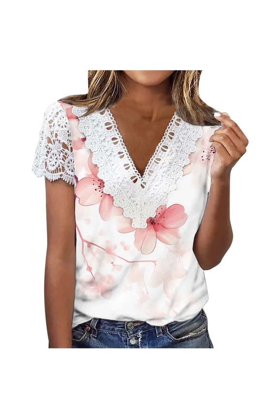 Womens Floral Lace Top with V-Neck Short Sleeves, Relaxed Fit Casual Blouse for Spring Summer, Multicolor,Size L