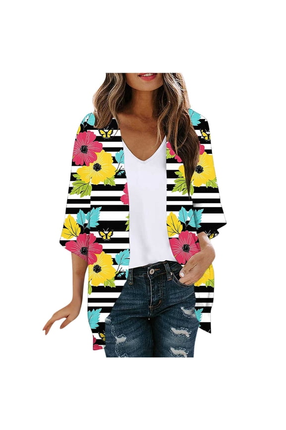 Womens Floral Striped Kimono Cardigan Beach Cover Up, Lightweight Butterfly Print Resort Wear, Open Front Lounge Cardigan,Size XL