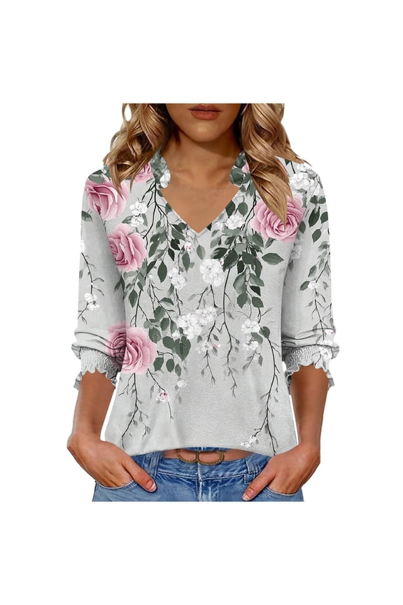 Womens Floral V-Neck Blouse 3/4 Sleeve Ruffle Cuff Loose Fit Tunic Top for Casual Wear, Polyester Spandex, S-XXL,Size XL