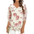 thumbnail image 1 of SYMOID Womens Floral V-Neck Blouse with Ruffle Sleeves Flowy Casual Top 3/4 Sleeve Polyester Beige,Size L, 1 of 6