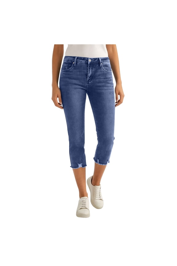 Womens Frayed Hem Mid Rise Stretch Slim Fit Capri Jeans Blue Denim Casual Cropped Pants Summer Bottoms,Size S