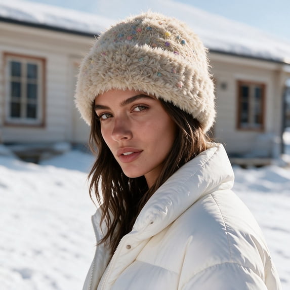 SYMOID Womens Fuzzy Bucket Hat - Speckled Plush Winter Beanie, Stretchy Knit Cap for Cold Weather, Khaki Hats,Size Free Size