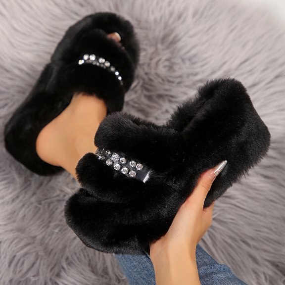 SYMOID Womens Fuzzy Platform Slippers, Rhinestone Embellished Open Toe 100% Polyester indoor Outdoor Warm Black Footwear,Size 38