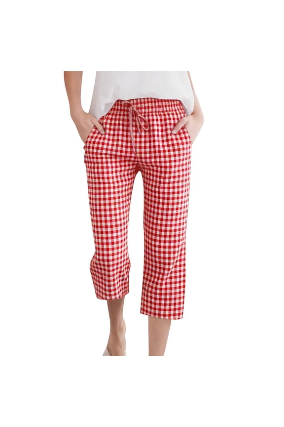 Womens Gingham Capri Pants with Pockets, Relaxed Fit Drawstring Elastic Waist Cropped Pants, Nylon Spandex Red Summer Bottoms,Size L