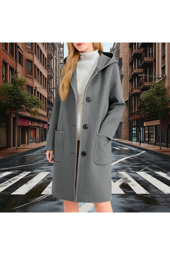 Womens Gray 50% Wool 50% Polyester Hooded Coat - Fall Winter Warm Mid-Length, Single-Breasted with Front Pockets, Easy-Care for Daily/Work, S-XXL at Walmart,Size L