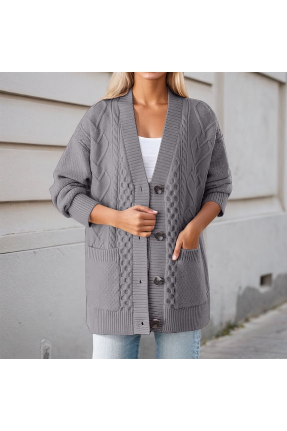 Womens Gray Acrylic Cable Knit Cardigan - Soft Warm, Oversized Relaxed Fit with Pockets, Ribbed Trims, V-Neck for Spring/Fall Casual Wear (S-XL),Size S