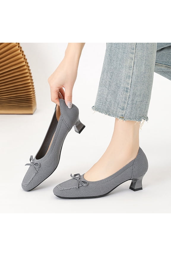 Womens Gray Breathable Mesh Pumps - Square Toe Bowknot Flat/Mid Heel Comfort Shoes with Skin-Friendly Lining, Us 5.5-9.5 for Daily & Office Wear,Size 37