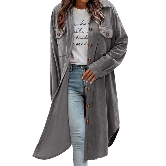 SYMOID Womens Gray Corduroy Shacket - Soft Cotton Spandex Longline Shirt Jacket, Oversized Relaxed Fit with Chest & Side Pockets for Spring Fall,Size L