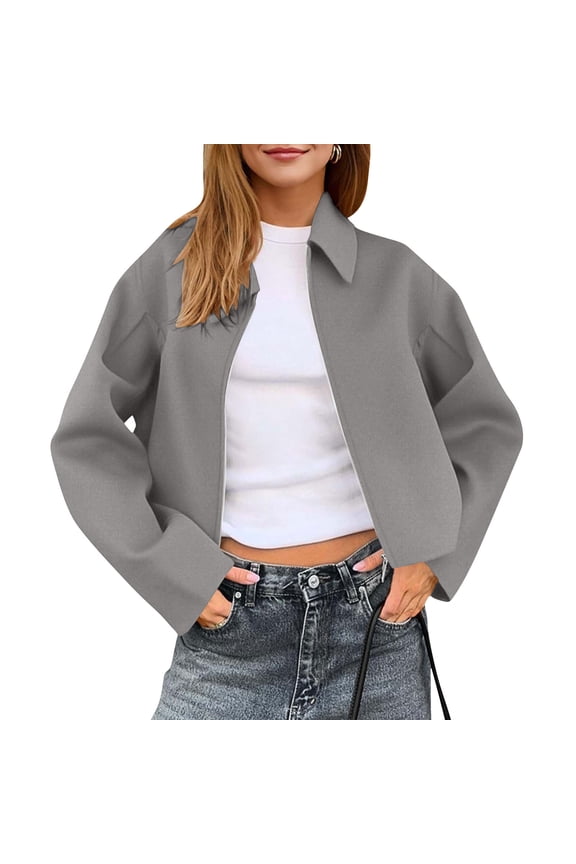 Womens Gray Cropped Jacket - Nylon Spandex, Relaxed Fit with Collared Open Front, Lightweight Breathable for Spring/Fall, Dropped Shoulders, S-XXL,Size M
