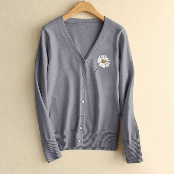 SYMOID Womens Gray Daisy Embroidered Cardigan - V-neck Long Sleeve, Soft Acrylic, Button-Front S-XXXL for Casual Layering,Size 3XL