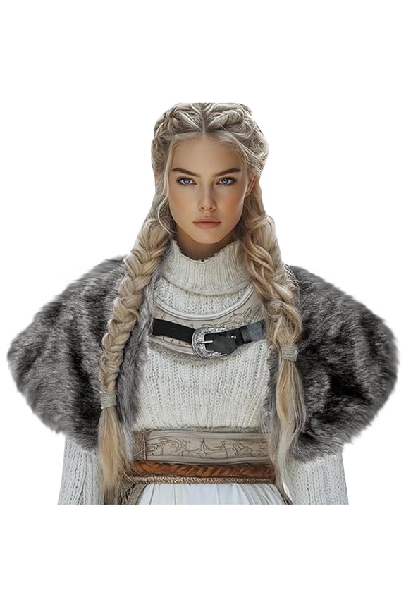 Womens Gray Faux Faux Fur Shawl - Viking Medieval Inspired Warm Acrylic, One Size Fits Most for Winter Daily Wear, Cosplay & Renaissance Fairs,Size Free Size