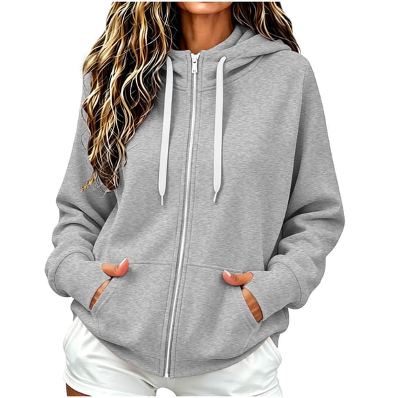 SYMOID Womens Gray Full Zip Hoodie Relaxed Fit,Lightweight,with Pockets,Size L