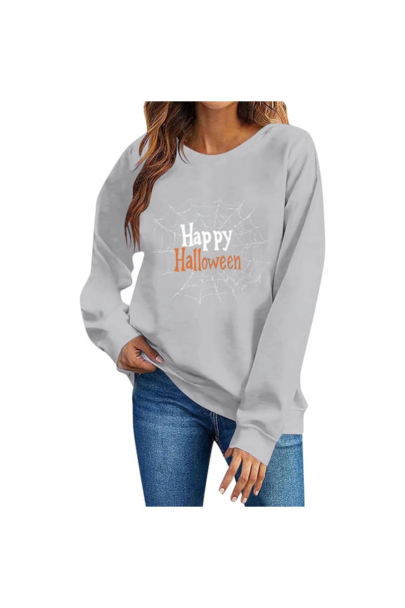 Womens Gray Hall-oween Cotton Sweatshirt, Crew Neck Long Sleeve Loose Spider Web Print for Fall & Parties,Size M