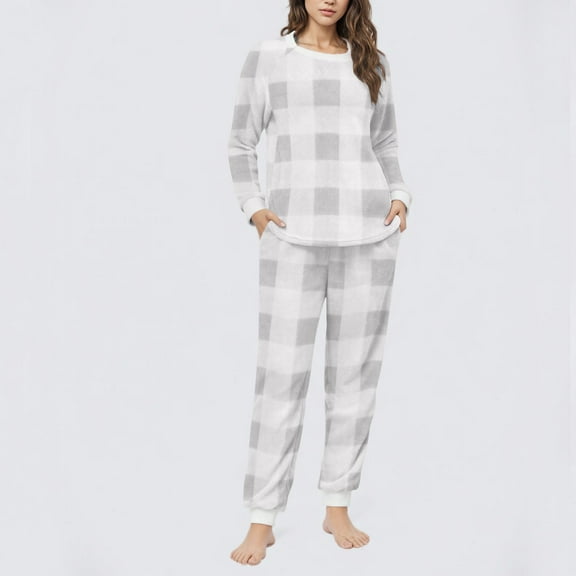 SYMOID Womens Gray Plaid Fleece Pajama Set - 100% Polyester, Long Sleeve Crew Neck Top & Jogger Pants with Pockets, Soft Warm Durable, S-XXL,Size S